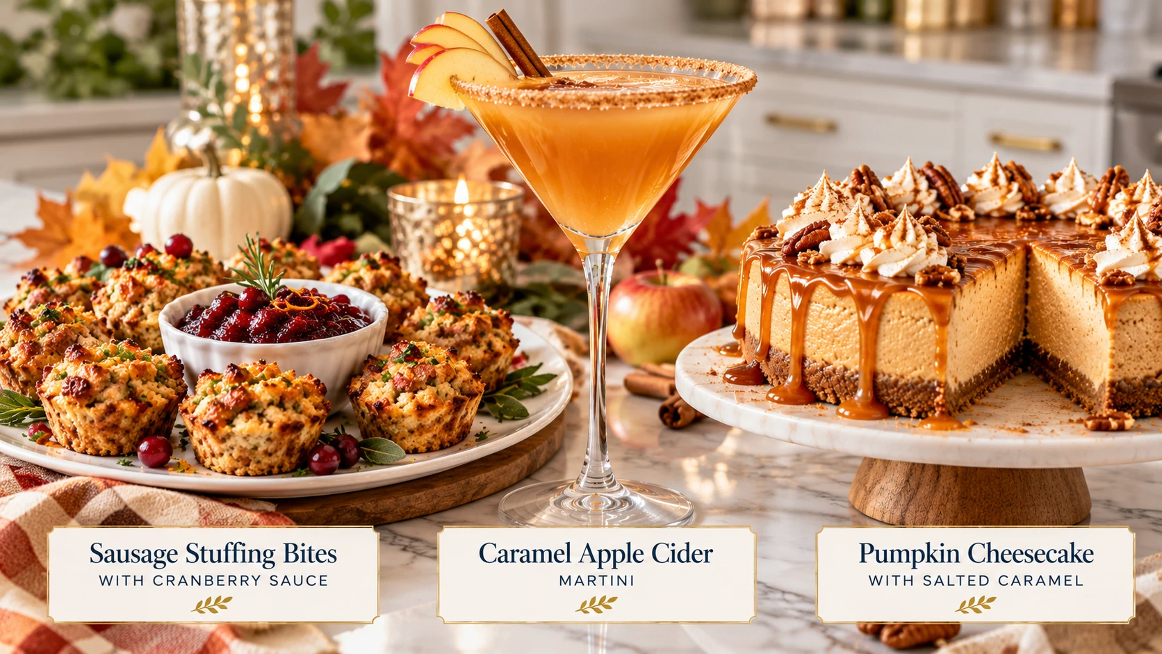 Sausage stuffing bites with cranberry sauce, caramel apple cider martini, and pumpkin cheesecake with salted caramel.