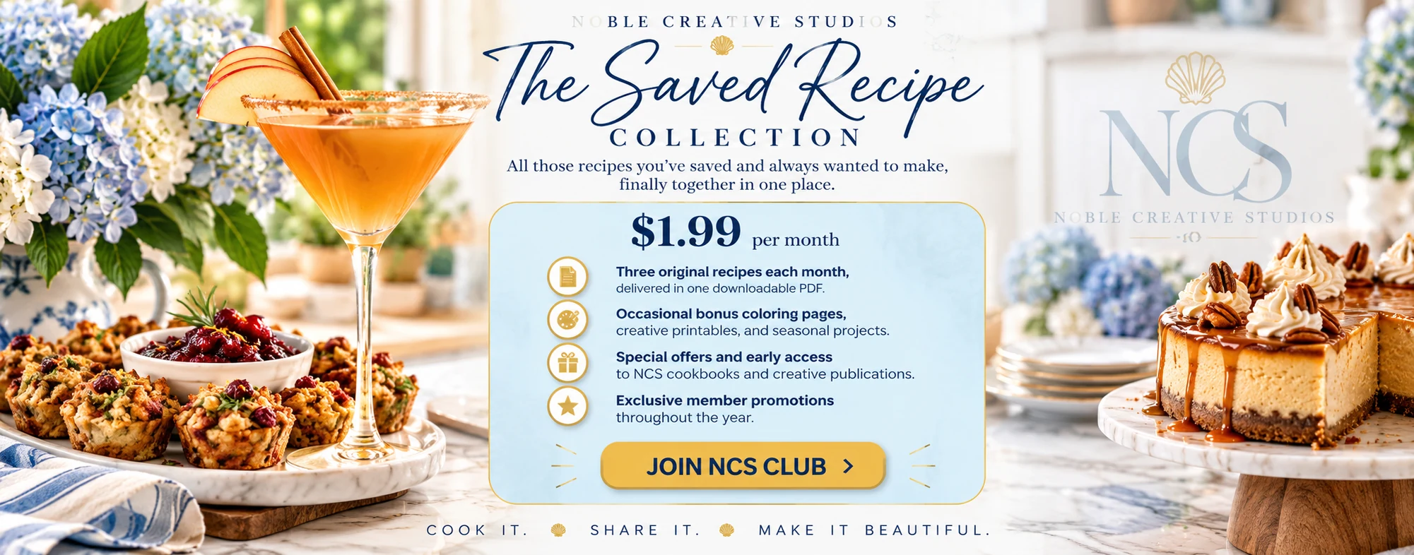 Fall cocktail, appetizers, and blue hydrangeas from our approved subscription banner