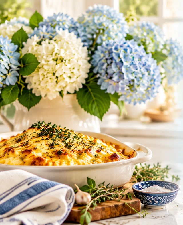 A welcoming coastal kitchen with blue hydrangeas and seasonal food inspiration