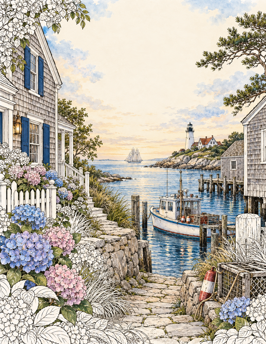 Cover of Harbor Lights, an adult coloring journey through coastal Massachusetts by Kathleen Noble